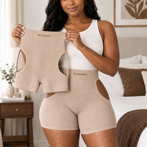 Silhouette Black model front facing, holding the garment